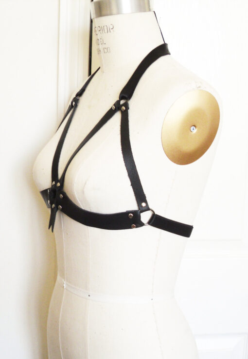 harness bra, leather bra, open cup bra, risque lingerie, women's intimates, fetish, bdsm style