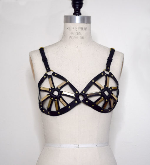 leather harness bullet bra, harness bralette, love lorn lingerie