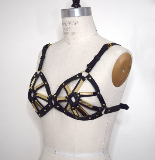 leather harness bullet bra, harness bralette, love lorn lingerie