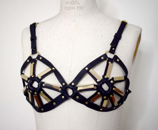 leather harness bullet bra, harness bralette, love lorn lingerie