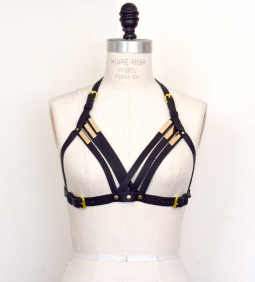 black strappy leather harness bra