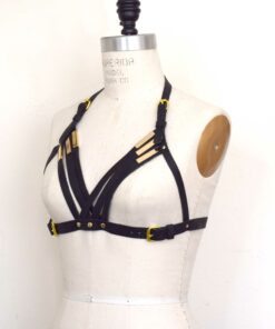 black strappy leather harness bra