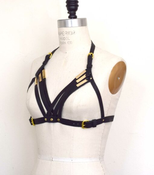 black strappy leather harness bra