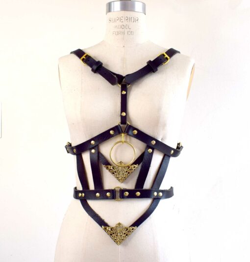 black leather body harness