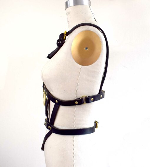 black leather body harness