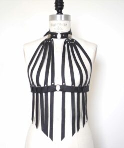 leather fringe bra, black body harness, fetish cupless bra