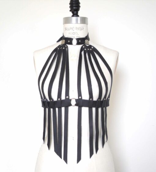 leather fringe bra, black body harness, fetish cupless bra