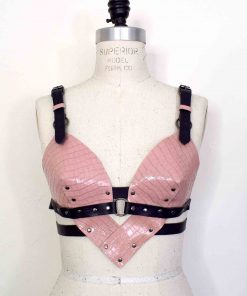 pink leather longline bra