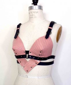 pink leather longline bra