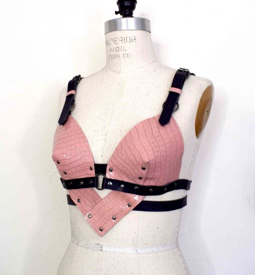 pink leather longline bra