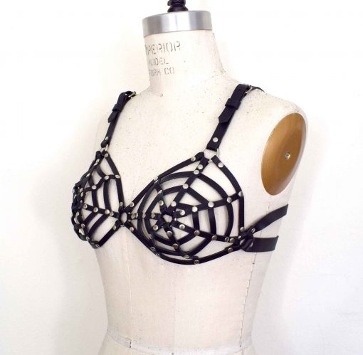 spider web leather bra