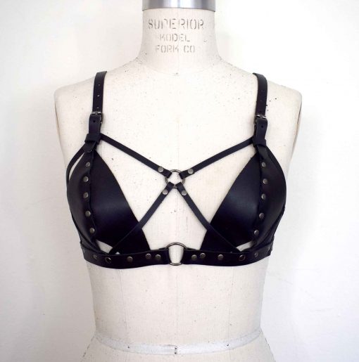 Black strappy leather bralette