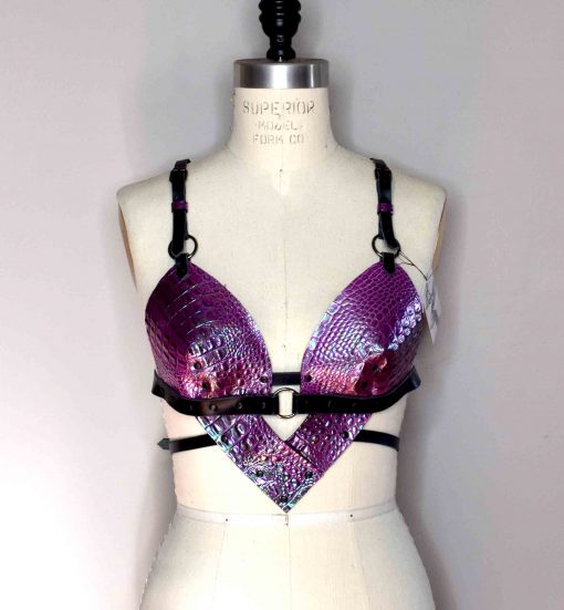 iridescent purple leather bra