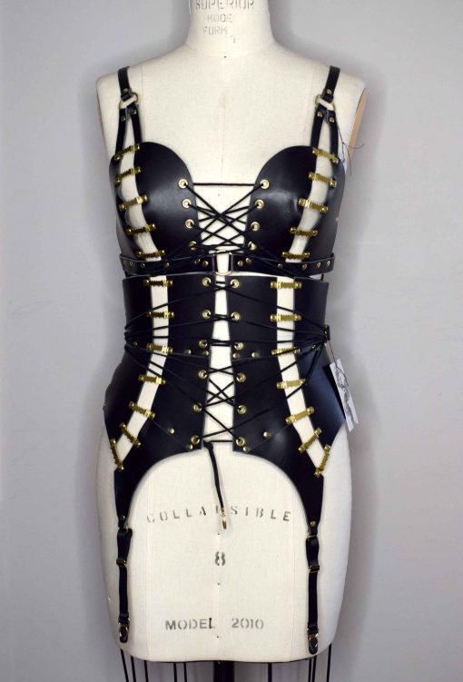 fan laced leather bra girdle set