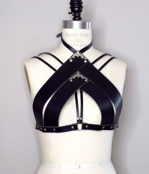 high neck leather bra