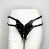 black leather harness thong panty