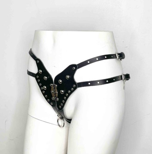 black leather harness thong panty