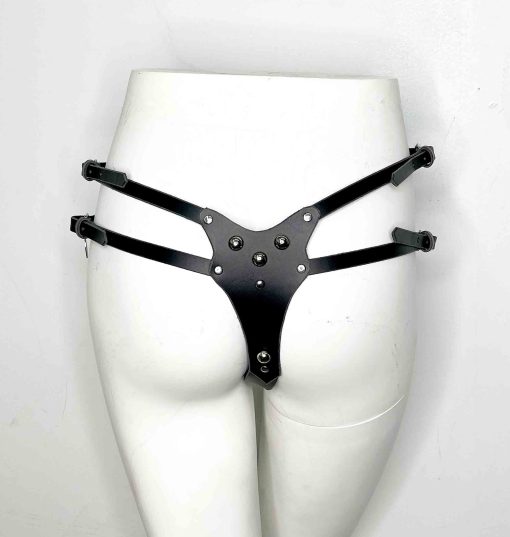 black leather harness thong panty