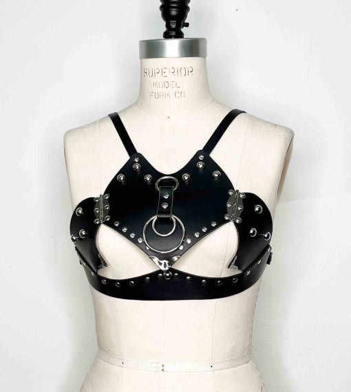 black leather open harness bra